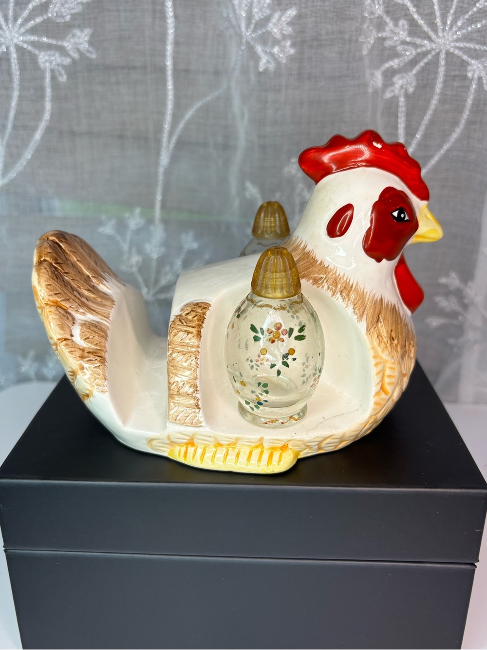 Vintage Glazed Ceramic Hen Napkin Holder W/ Egg Shaped Glass Salt & Pepper